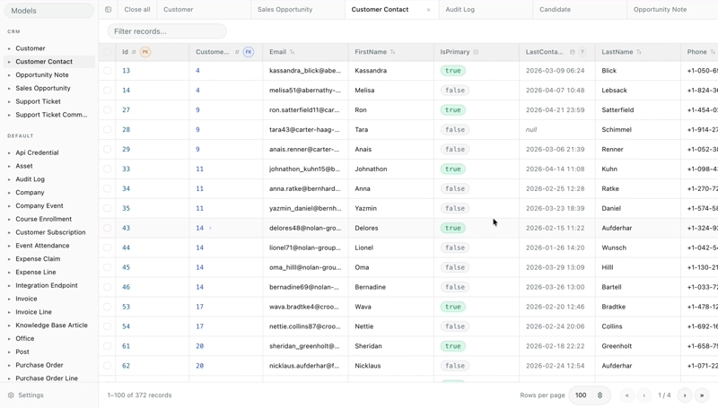 EFStudio interface — a table browser showing EF Core entities